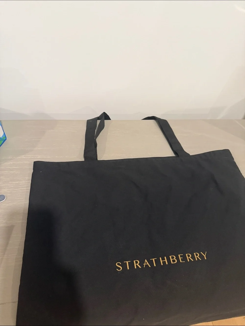 Strathberry Black Pebbled Leather Mosaic Tote with Gold Bar